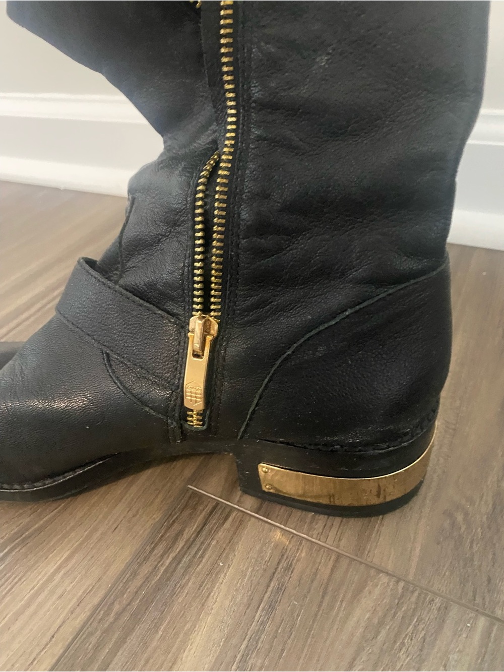 Vince Camuto Black Leather Mid-Calf Boots with Gold Hardware - Picture 3 of 5